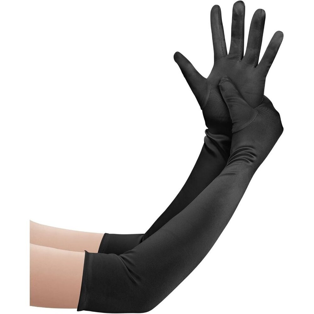 Women's Black Long Satin Opera Fabric Gloves Party Tea Stretchy Elbow Length